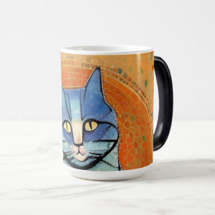 Caneca Mágica Ouro de abstrato-art, mosaico-marrom, de gato azul