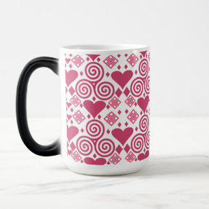 Caneca Mágica Padrão cardíaco dos Namorados cor-de-rosa e branco