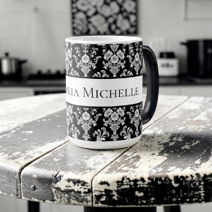 Caneca Mágica Padrão de Damasco Preto e Branco Vitoriano
