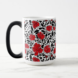 Caneca Mágica Padrão Floral bonito em Vermelho, Preto e Branco