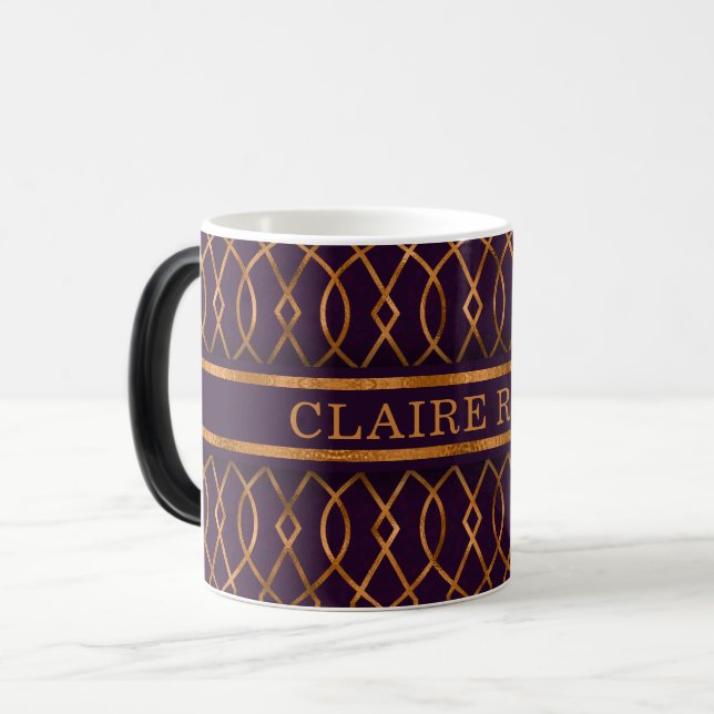 Caneca Mágica Padrão Geométrico de Latite Dourada Roxo Chic (Frente Esquerda)