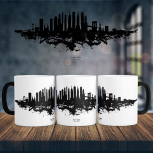 Caneca Mágica Paisagem Urbana de Nova York em Aquarela Preto e B