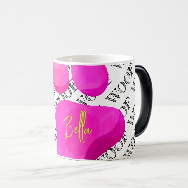 Caneca Mágica Pata rosa WOOF DOG NOME divertimento moderno para  (Frente Esquerda)