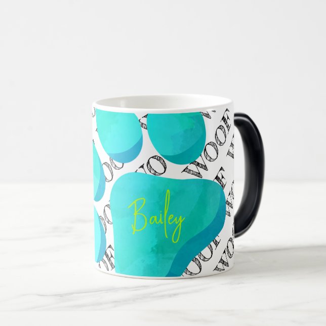 Caneca Mágica Paw Print WOOF Pet NAME Moderno Dog Cat (Frente Esquerda)