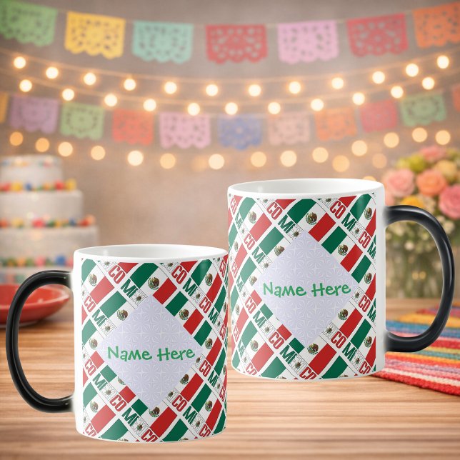 Caneca Mágica Personalized Mexico Flag Tiled (Personalized morph mug with tiled Mexican flag, MEXICO below. White fractals hold name on two sides.)