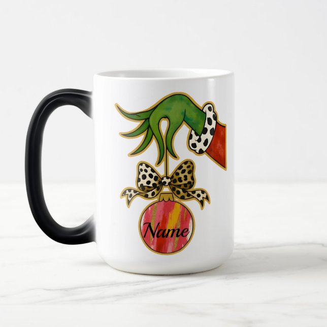 Caneca Mágica personalized Name Leopard Bow Parrot Ornament (Esquerda)