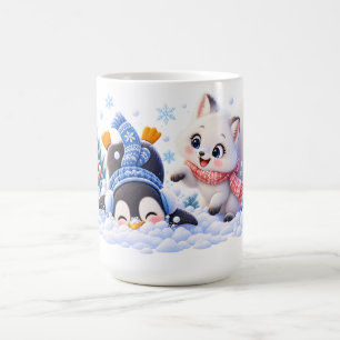 Caneca Mágica PNG de raposa ártica fofa e pinguim no inverno mar