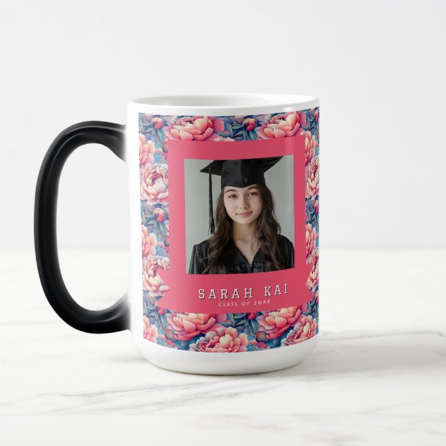 Caneca Mágica Presente de Formatura com Padrão de Peônias Fofas (Esquerda)
