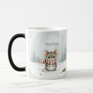 Caneca Mágica Rato Personalizado de Aquarela Fofa de Inverno Via