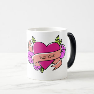 Caneca Mágica Tatuagem Cardíaca MOM Cor-de-Rosa Floral Legal