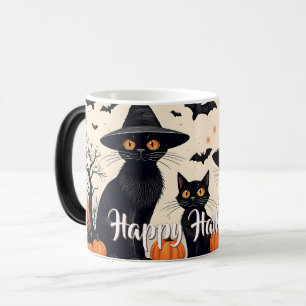 Caneca Mágica Três Gatos Pretos com Chapéus no Halloween