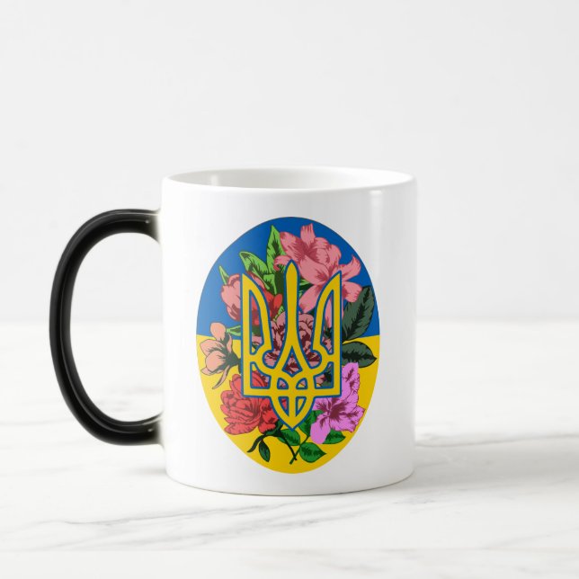 Caneca Mágica Tridente ucraniano e bandeira da Ucrânia com flore (Esquerda)