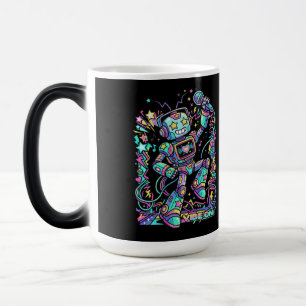 Caneca Mágica VIBE ON Neon Robot DJ – Mascote Colorido de Música