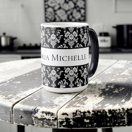 Caneca Mágica Victorian Black and White Damask Pattern