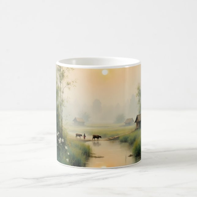 Caneca Mágica Vietnamese Morning Mist Village Watercolor Art (Centro)