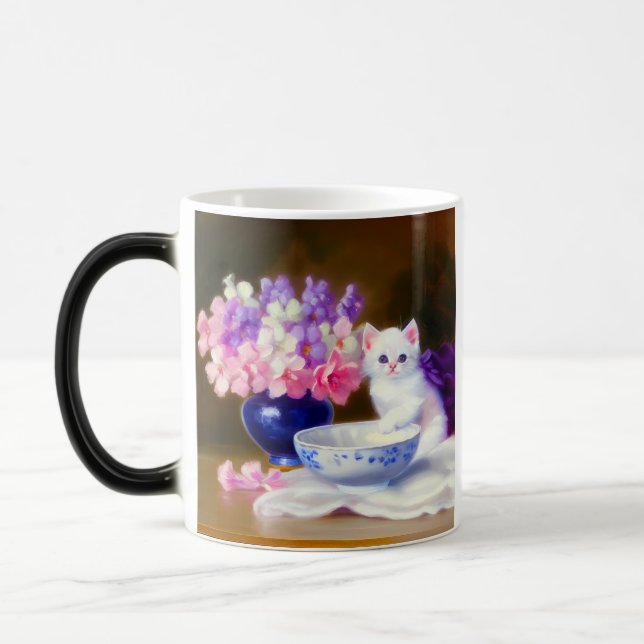 Caneca Mágica Vintage White Kitten com Fita Roxa (Esquerda)