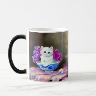 Caneca Mágica Vintage White Kitten com Flores Rosa