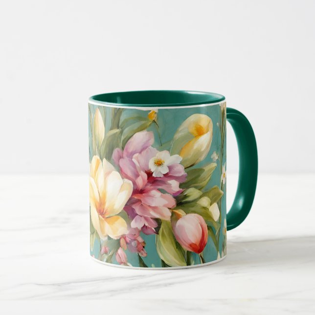 Caneca Magnólia Amarela refinada com flores brancas (Frente Esquerda)