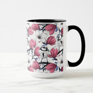 Caneca Magnólia rosa e pássaros tintos azuis