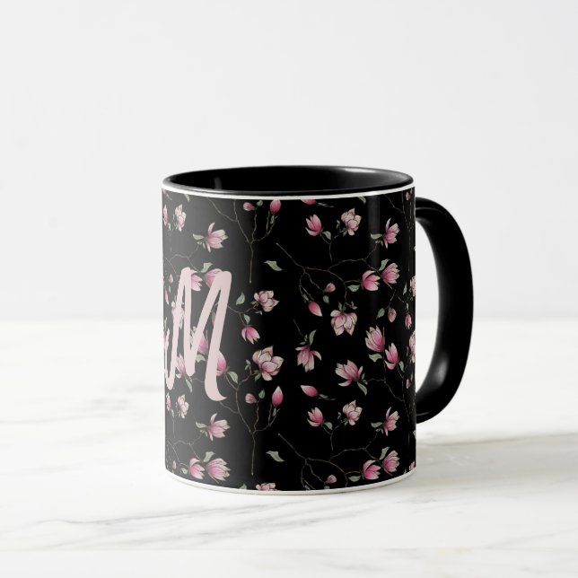 Caneca Magnolias Cor-de-Rosa e Branca em Preto Personaliz (Frente Esquerda)