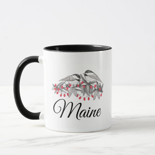 Caneca Maine Chickadee Bird Feriado de inverno Neve (Esquerda)