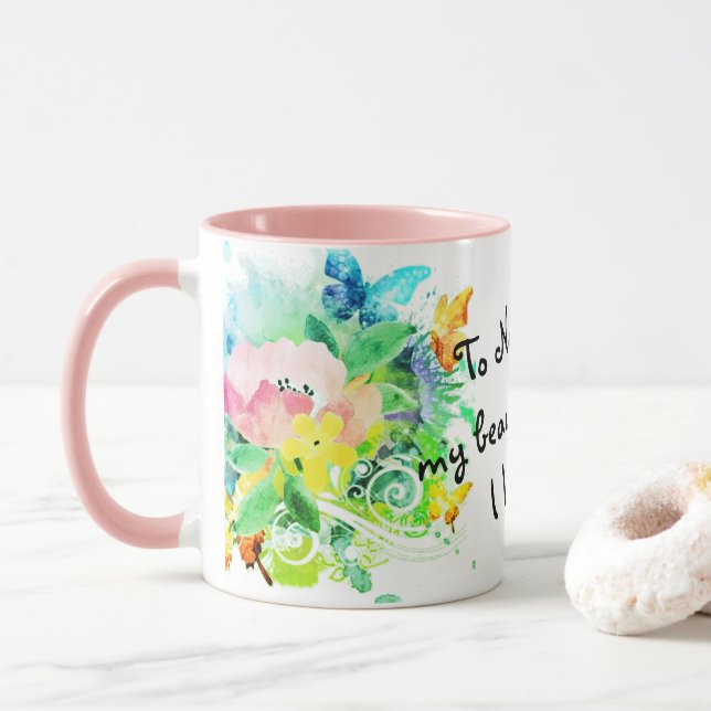 Caneca Malha floral, rosa e teal, para a minha sobrinha (Com Donut)