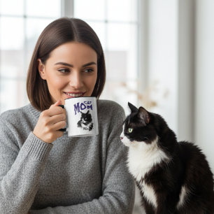 Caneca MAMÃE DE GATO Azul e Preto Fofa Personalize