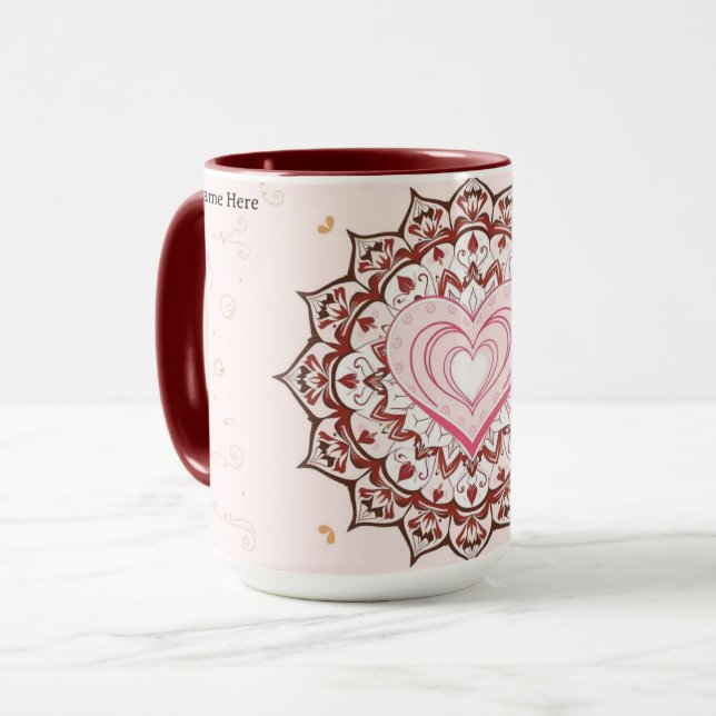 Caneca Mandalá de Coração Geométrico Personalizado Amor (Frente Esquerda)