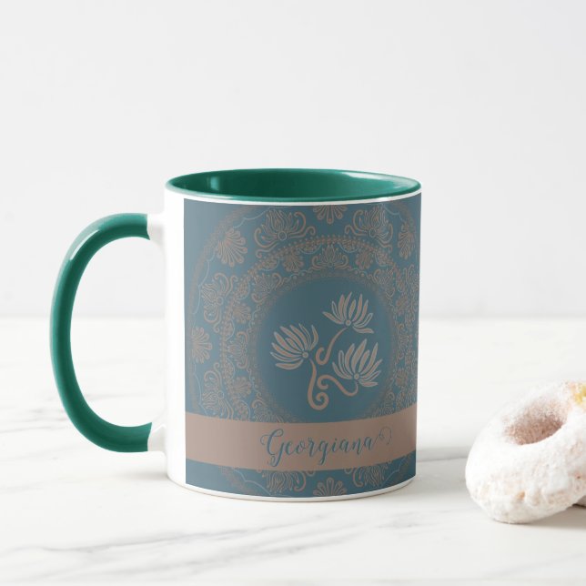 Caneca Mandala de Ponto de Lótus Rococó Teal Dourado Pers (Com Donut)