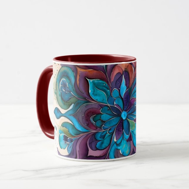 Caneca Mandala Floral em Aquarela Roxo e Azul (Frente Esquerda)