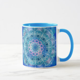Caneca Mandala White Outline Blue Watercolor -