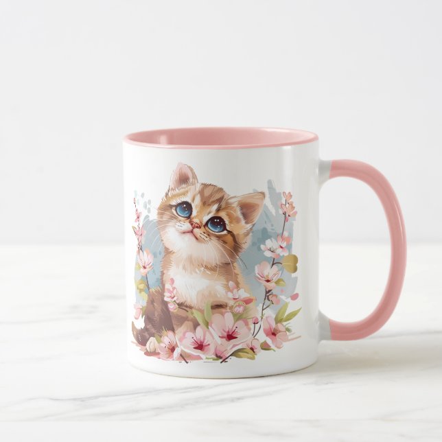 Caneca Manga Cute Kitten e Sakura Flores Cat Mãe Presente (Direita)