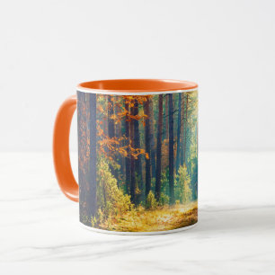 Caneca Manhã vívida na floresta colorida com raios de S