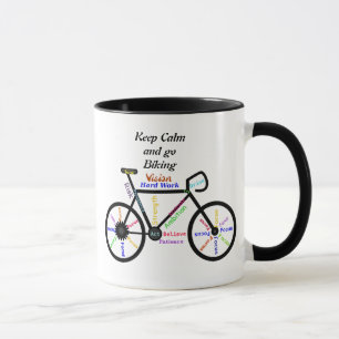 Caneca Mantenha-se calmo e faça bicicleta, com palavras m