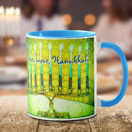 Caneca Manuscrito Moderno de Hanukkah Amor Paz Verde