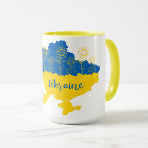 Caneca Mapa da Ucrânia com girassol e bandeira ucraniana