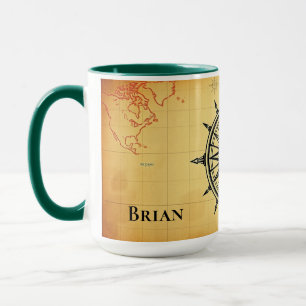 Caneca Mapa Mundial Vintage e Bússola Aventura Personaliz