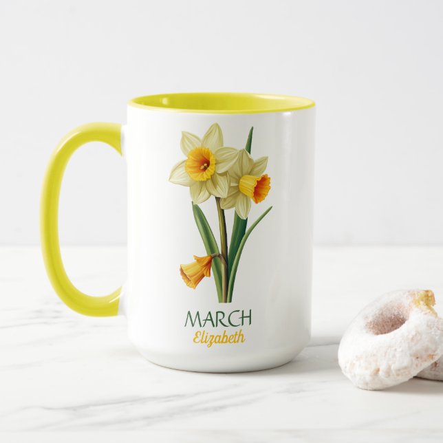 Caneca Março Aniversário Daffodil Nascimento Flor Persona (Com Donut)