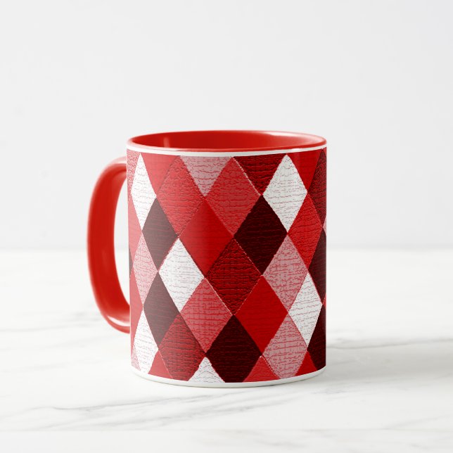 Caneca MARDI GRAS HARLEQUIN PATTERN Red Pink White Rhombi (Frente Esquerda)