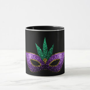 Caneca Mardi Gras Mask Purple Green Dourado Sparkles blac
