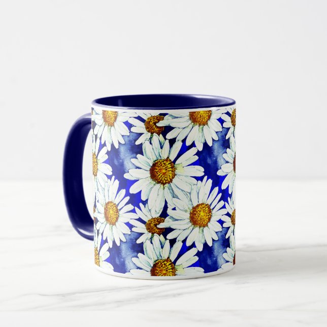 Caneca Margaridas em Aquarela sobre Azul Jeans (Frente Esquerda)