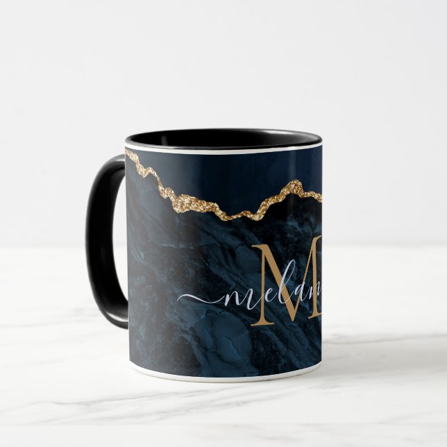 Caneca Marinho Agate Azul Dourado Marble Mug Nome Persona (Frente Esquerda)