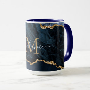 Caneca Marinho Azul Dourado Marble - Nome Personalizado L