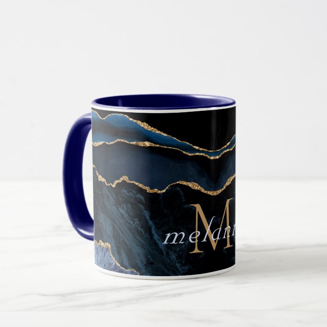 Caneca Marinho Azul Dourado mármore Personalizado Nome Mu (Frente Esquerda)