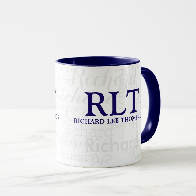 Caneca Marinho Azul Monograma Combo Mug com Nome (Frente Esquerda)