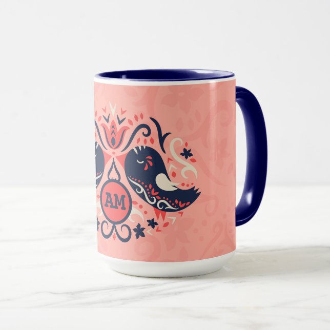 Caneca Marinho de Coral Azul Monogramas Folk Art Decor (Frente Esquerda)