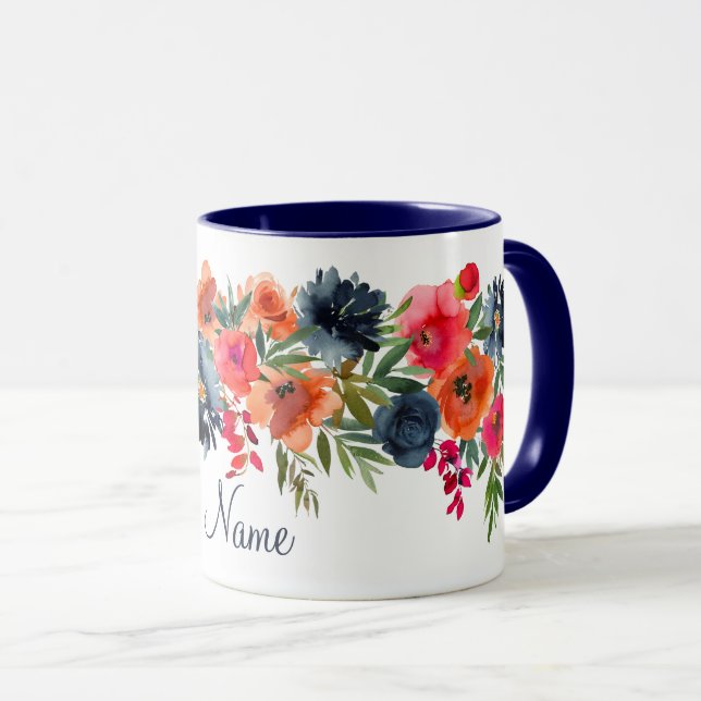 Caneca Marinho Laranja Vermelho Russo Aquarela Rosa Nome  (Frente Esquerda)