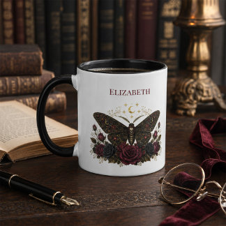 Caneca Mariposa Gótica Personalizada Rosas Burgundy Duas