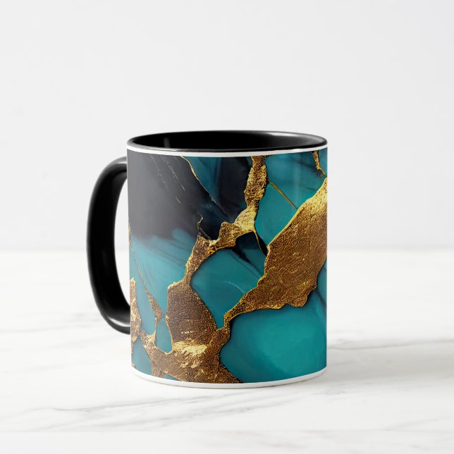 Caneca Mármore Azul Teal Profundo com Veias de Ouro Ousad (Frente Esquerda)