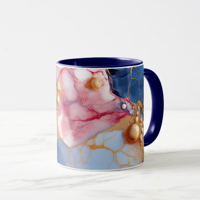 Caneca Mármore Blush & Safira com Pérolas Douradas (Frente Esquerda)